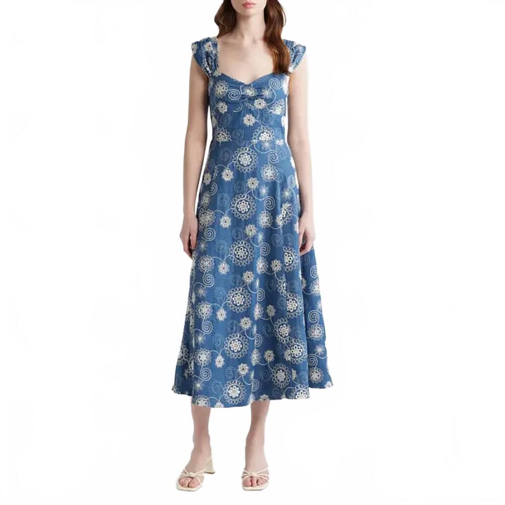 NEW ZOE AND CLAIRE daydream daisy embroidered midi dress in denim